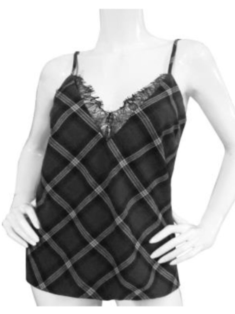 Gold Hawk *New* Charcoal Grey & White Plaid Cami w/Black Lace;  SMALL.